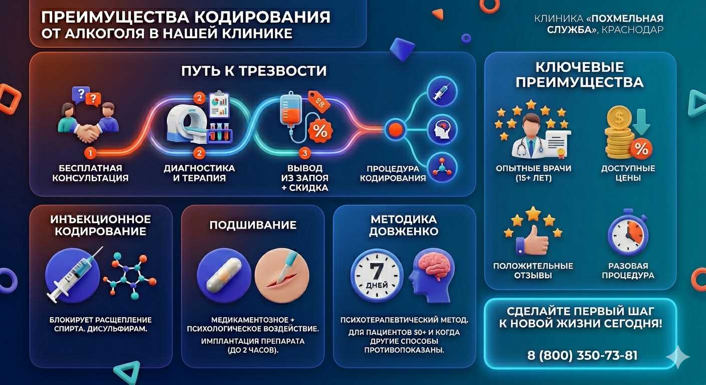Инфографика о методах кодирования от алкоголя в Суходоле: инъекции, подшивание, метод Довженко. Преимущества клиники и этапы лечения.